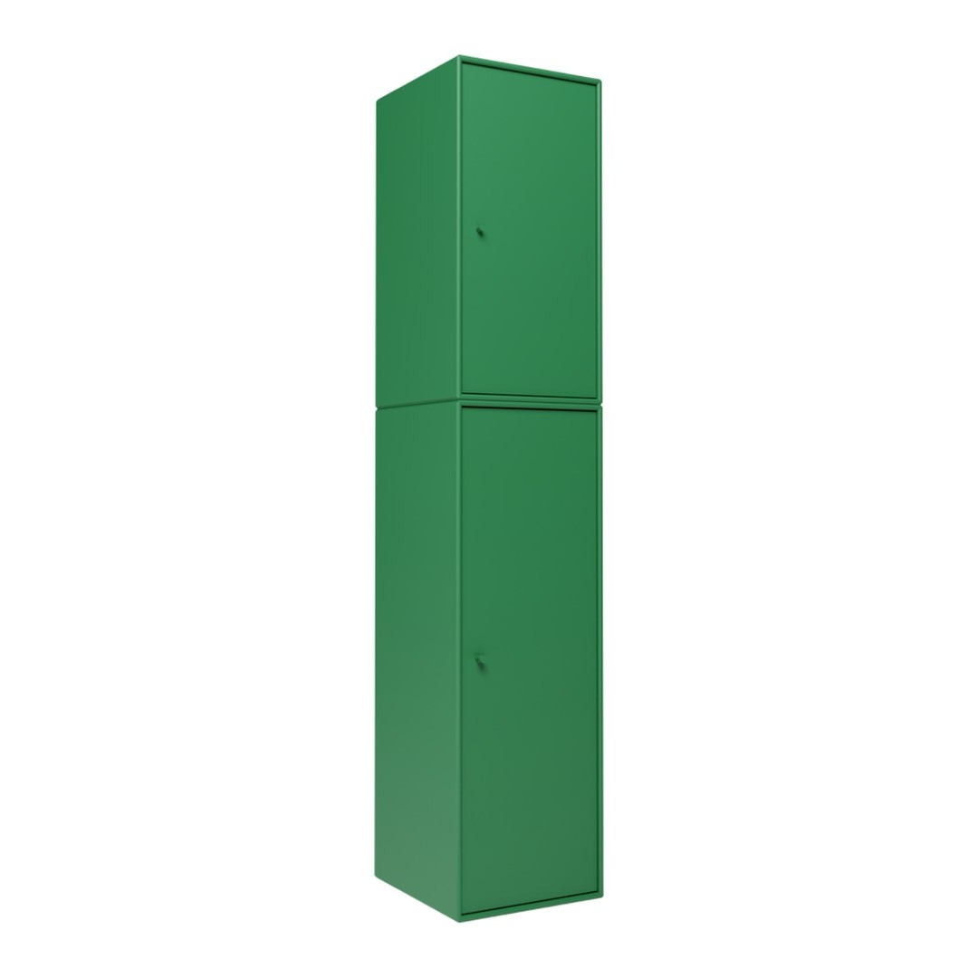 Tall green cabinet with a smooth finish, featuring a simple, modern design and no visible patterns.
