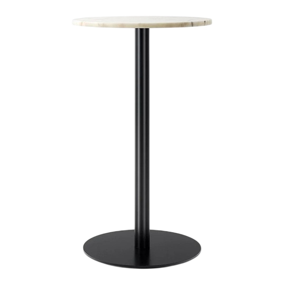 Modern round table with a sleek black base and a smooth white marble top, perfect for contemporary spaces.