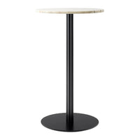 Modern round table with a sleek black base and a smooth white marble top, perfect for contemporary spaces.