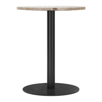 Round table with a textured beige top and sleek black base, perfect for modern decor.