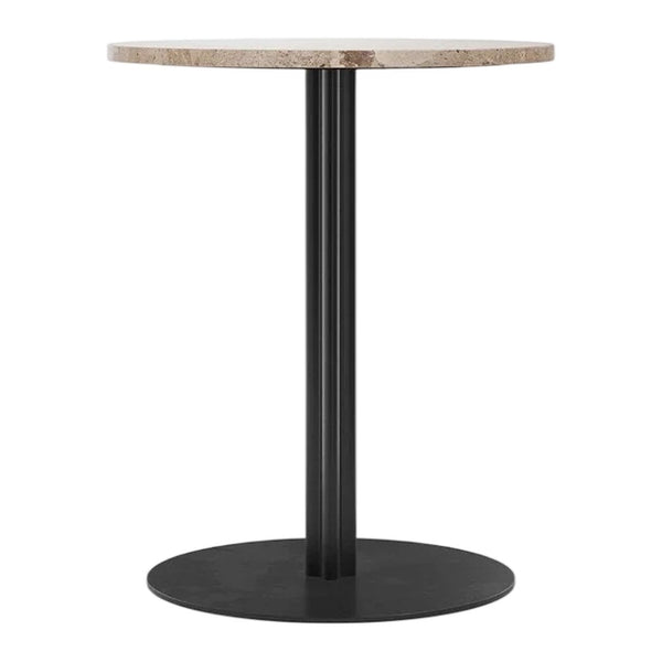 Round table with a textured beige top and sleek black base, perfect for modern decor.