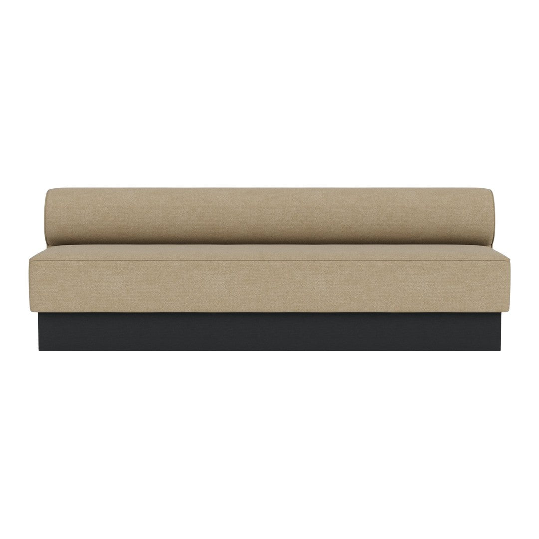 Beige fabric sofa with a sleek black base, featuring a minimalist design and smooth, solid colors.