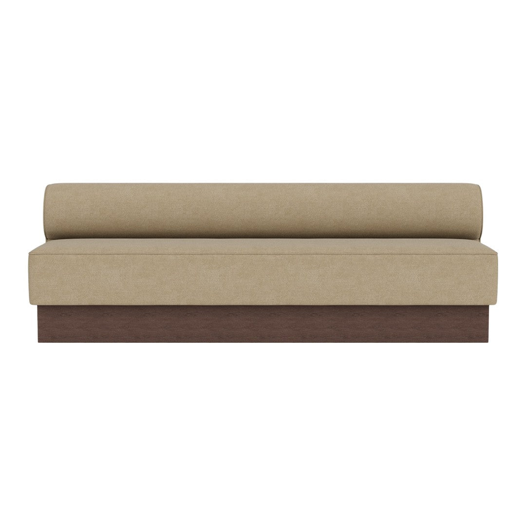Beige upholstered sofa with a brown wooden base, featuring a minimalist design and clean lines.