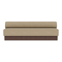 Beige upholstered sofa with a brown wooden base, featuring a minimalist design and clean lines.