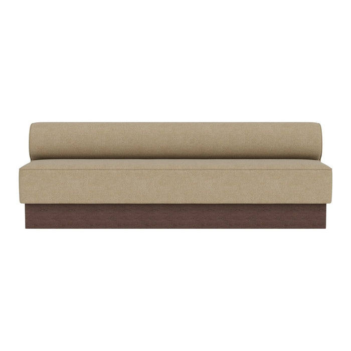 Beige upholstered sofa with a brown wooden base, featuring a minimalist design and clean lines.