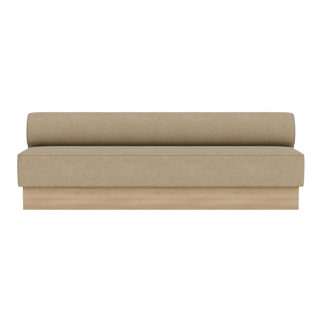 Beige minimalist sofa with a rolled backrest and light wood base, featuring a smooth, solid pattern.