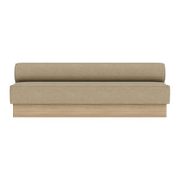 Beige minimalist sofa with a rolled backrest and light wood base, featuring a smooth, solid pattern.