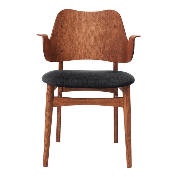 Wooden chair with a rich brown finish and a dark gray upholstered seat, featuring a smooth, minimalist design.
