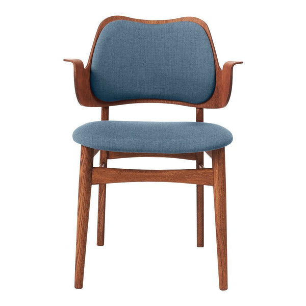 Mid-century modern chair with a rich wood frame and textured blue fabric seat and backrest. Perfect for any decor.
