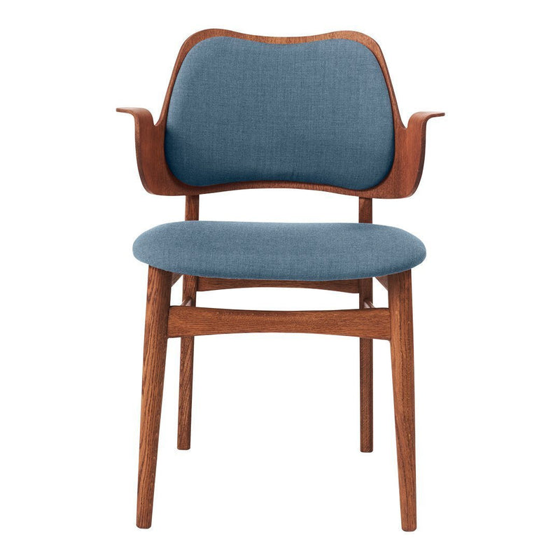 Mid-century modern chair with a rich wood frame and textured blue fabric seat and backrest. Perfect for any decor.