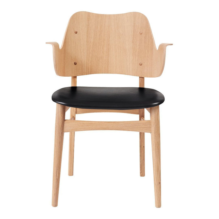 Natural wood chair with a light finish and a sleek black seat, showcasing a modern design and minimalistic style.