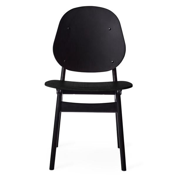Black modern chair with a sleek design and smooth finish, featuring a simple pattern without embellishments.