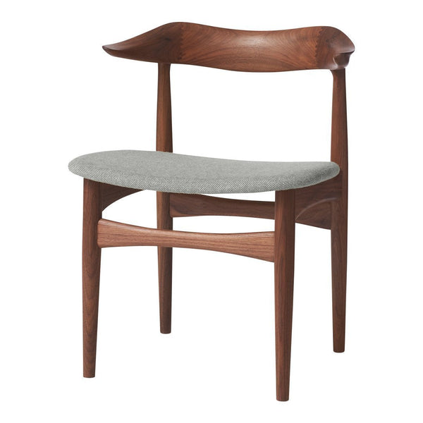 Mid-century wooden chair with a walnut finish and a soft gray upholstered seat. Streamlined design with subtle curves.