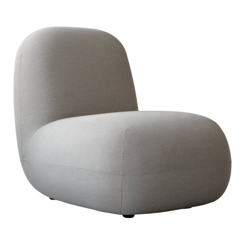 Gray upholstered chair with a sleek, modern design and smooth, rounded edges. Ideal for contemporary interiors.