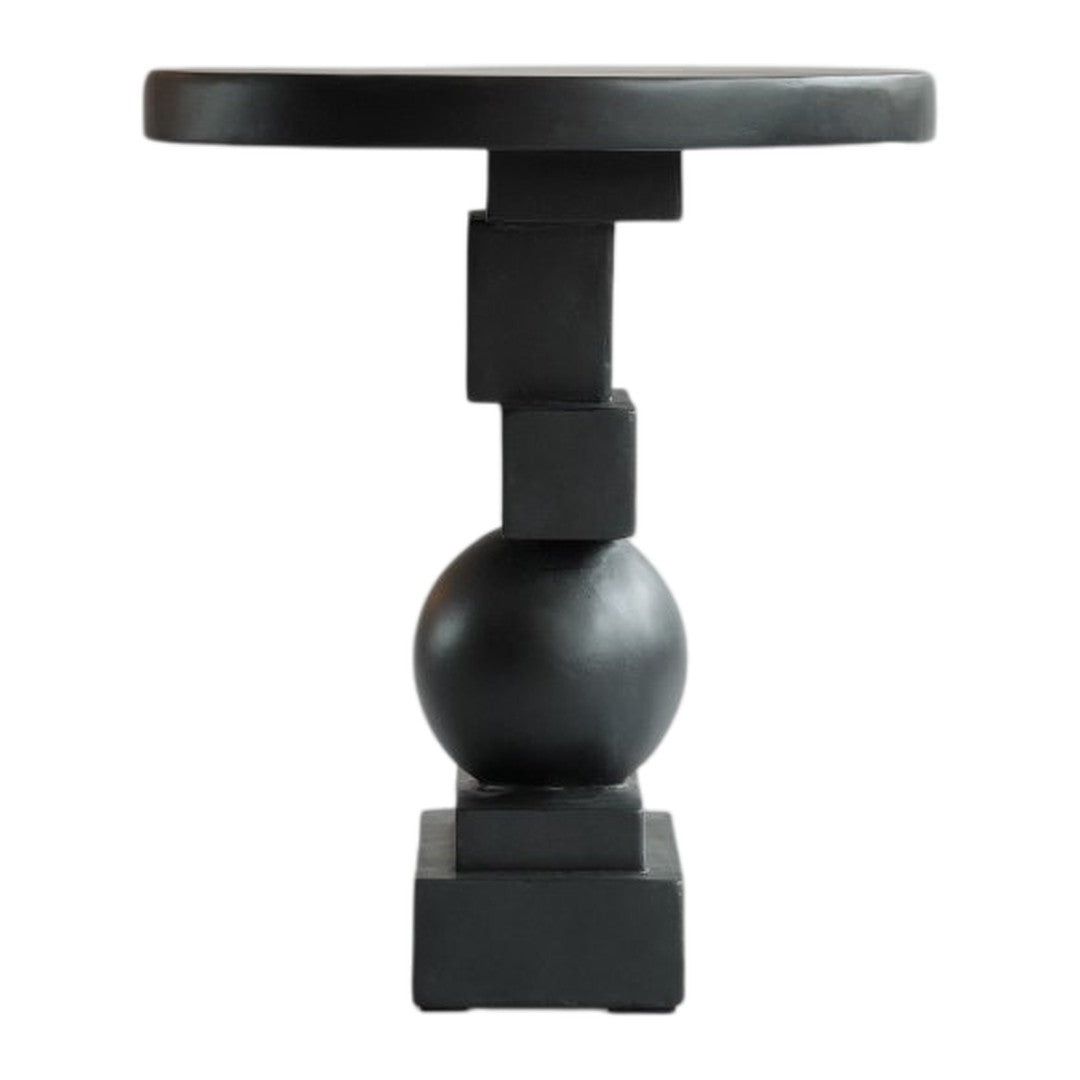Black geometric accent table with a round top, spherical and cube-shaped base, showcasing a sleek, modern design.