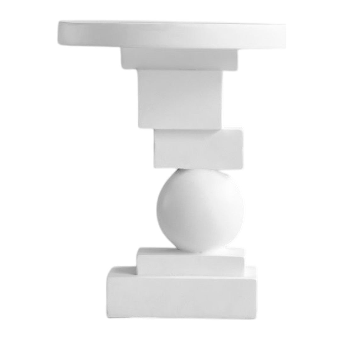 White modern accent table with geometric shapes and smooth finishes. Elegant and minimalist design.