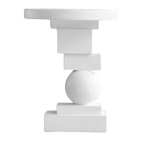White modern accent table with geometric shapes and smooth finishes. Elegant and minimalist design.
