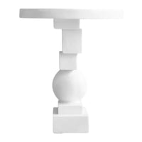 White geometric side table with smooth and textured patterns, featuring a round top and sculpted base.