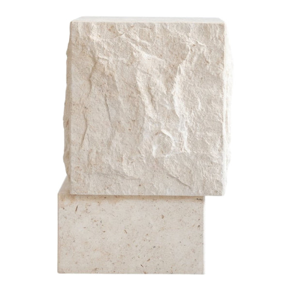Two textured stone blocks in creamy beige with natural flecks, showcasing a rugged, minimalist design.