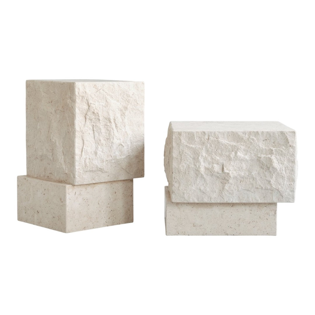 Textured beige and off-white stone blocks with natural patterns, perfect for modern decor or display purposes.
