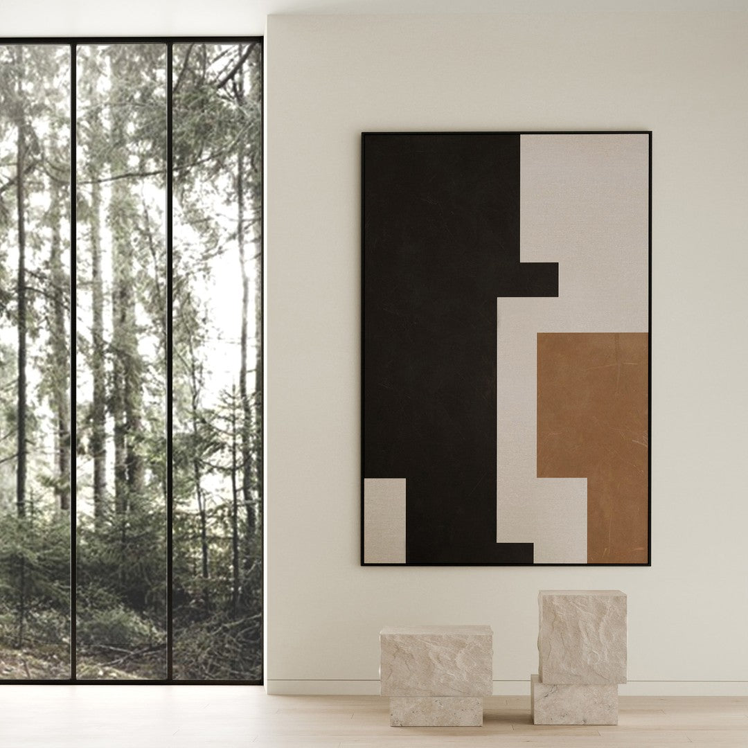 Abstract wall art featuring black, beige, and brown geometric patterns, ideal for modern decor.