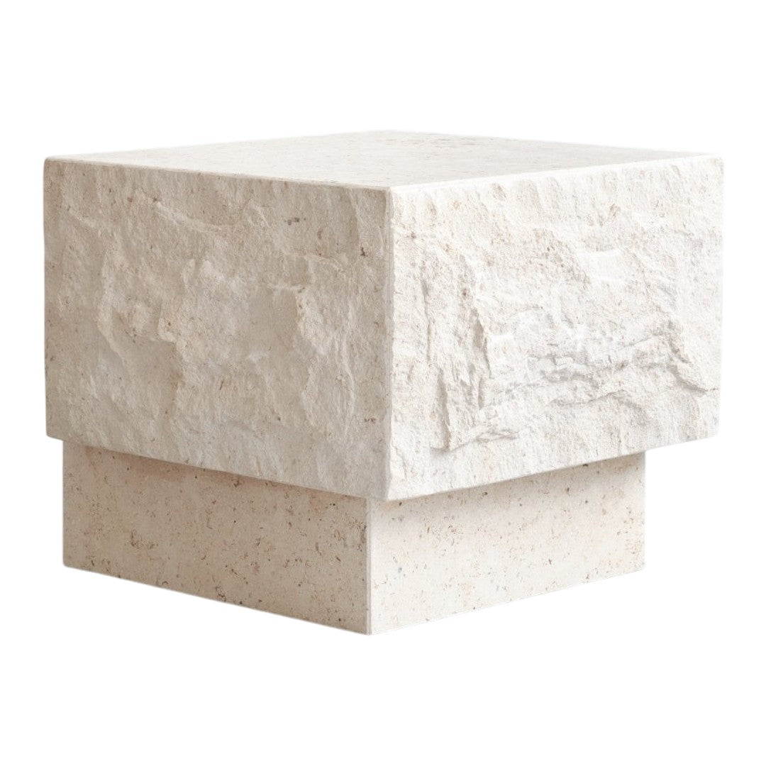 Textured light beige stone cube with a rough finish and smooth base, ideal for modern decor.