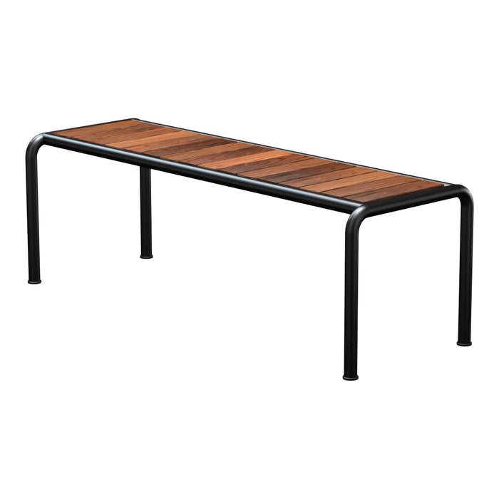 Wooden slatted tabletop in warm brown tones with sleek black metal legs, featuring a modern and minimalist design.