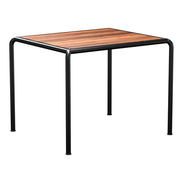 Square table featuring a wood grain pattern in warm brown tones and sleek black metal legs. Ideal for modern spaces.