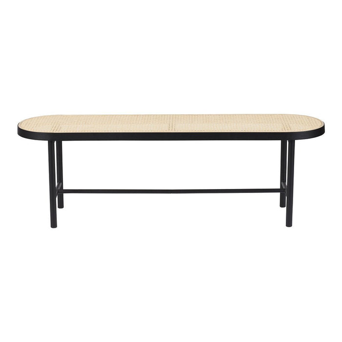 "Modern oval coffee table with a natural wood top and sleek black metal legs, featuring a minimalist design."