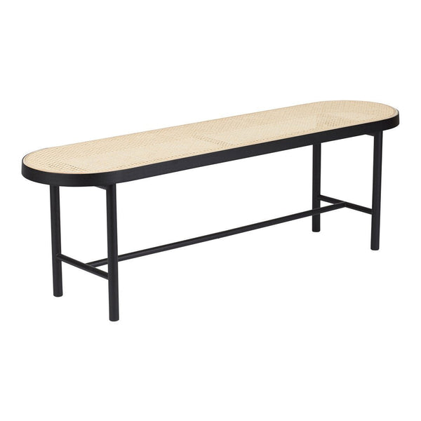 Stylish oval bench with a smooth beige tabletop and sleek black metal frame, perfect for modern decor.