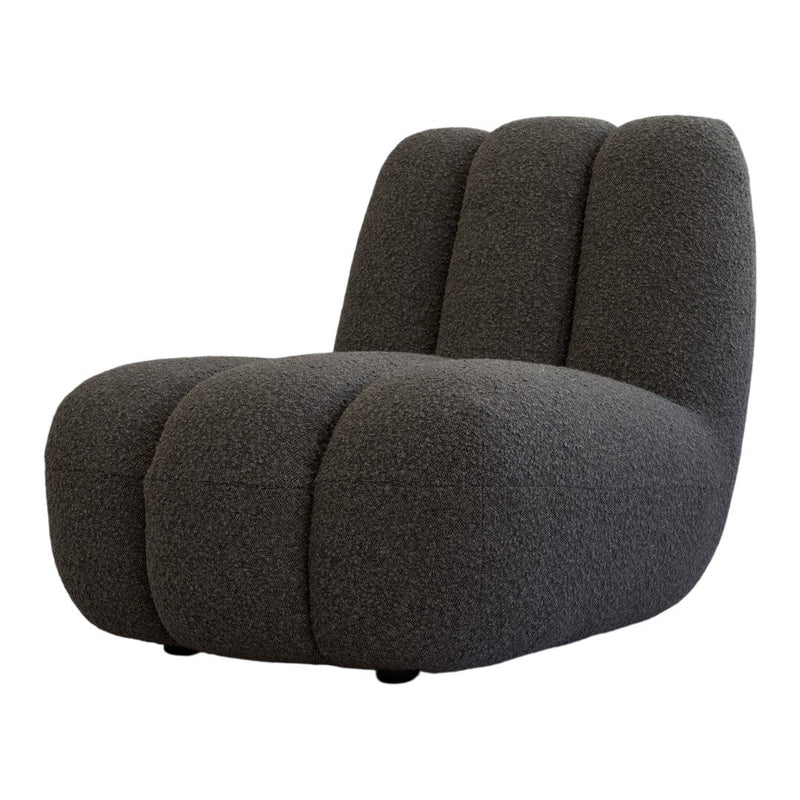 Stylish gray upholstered chair with a textured, cozy pattern and soft, rounded shapes. Ideal for modern decor.
