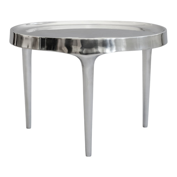 Stylish round side table in sleek silver finish with a polished surface and smooth contours. Perfect for modern decor.