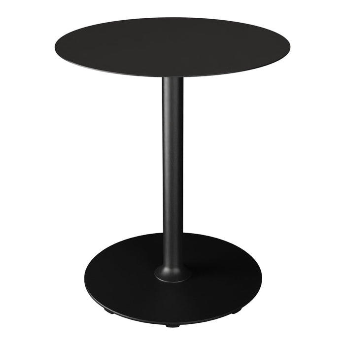 Round black side table with a smooth top and sturdy base, featuring a minimalist design and sleek, modern finish.