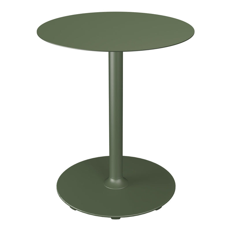Green round side table with a sleek metal design and a smooth finish. Perfect for modern decor.