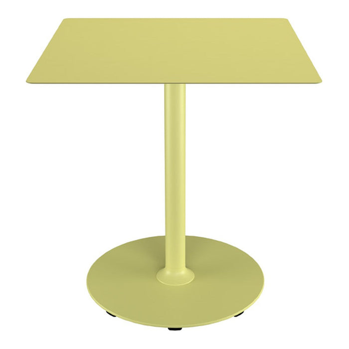 Yellow square table with a simple design and matching round base. Ideal for modern decor.