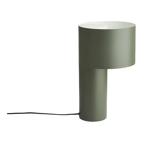 Green modern table lamp with a sleek cylindrical design and minimalistic pattern. Ideal for contemporary decor.