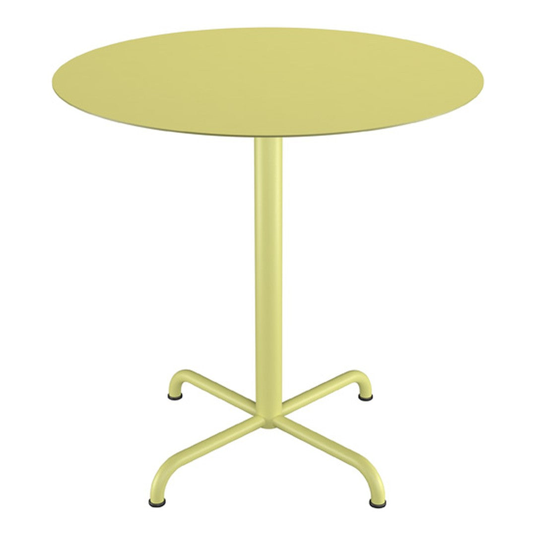 Round yellow table with a smooth finish and minimalist design, perfect for modern decor.