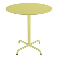Round yellow table with a smooth finish and minimalist design, perfect for modern decor.