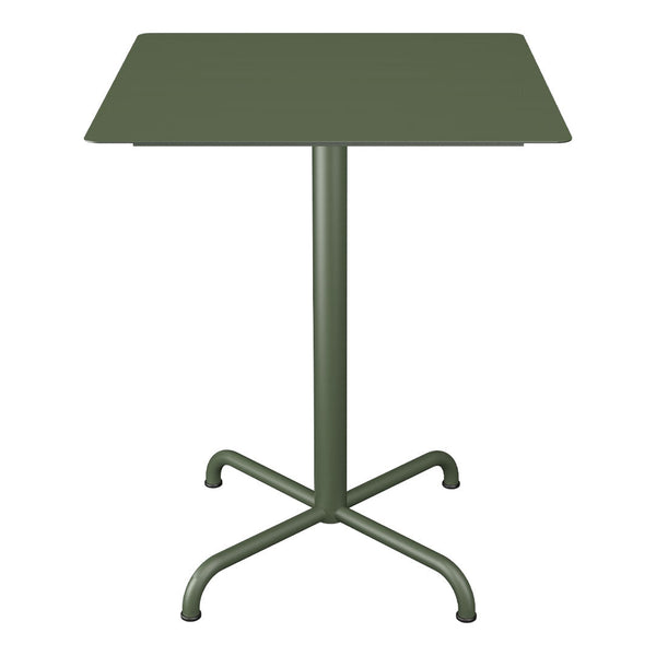 Olive green square tabletop with a sleek metal base and four curved legs, perfect for outdoor settings.