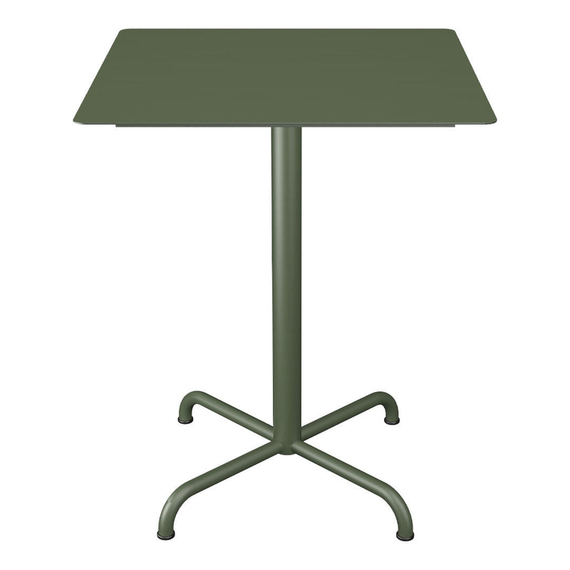 Olive green square tabletop with a sleek metal base and four curved legs, perfect for outdoor settings.