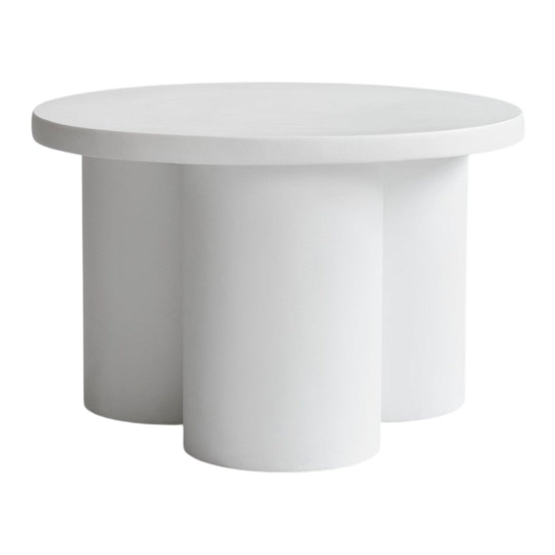 Round white table with a smooth surface and three cylindrical legs, minimalistic and modern design.