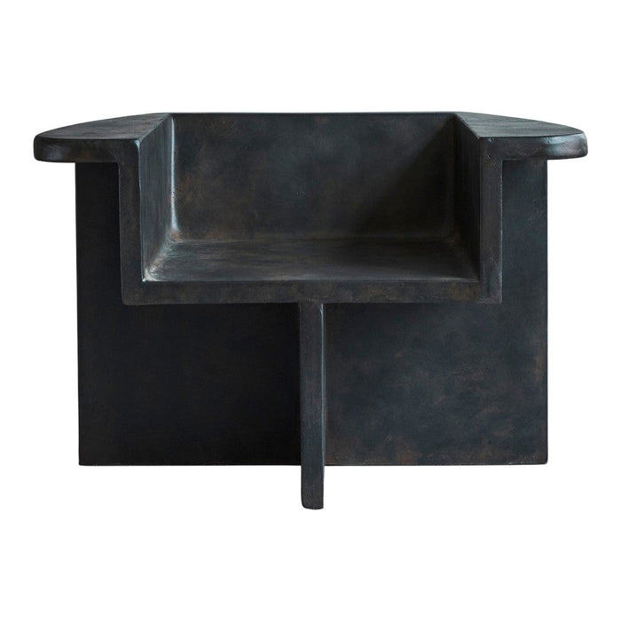"Modern black sofa with subtle bronze undertones and sleek geometric design."