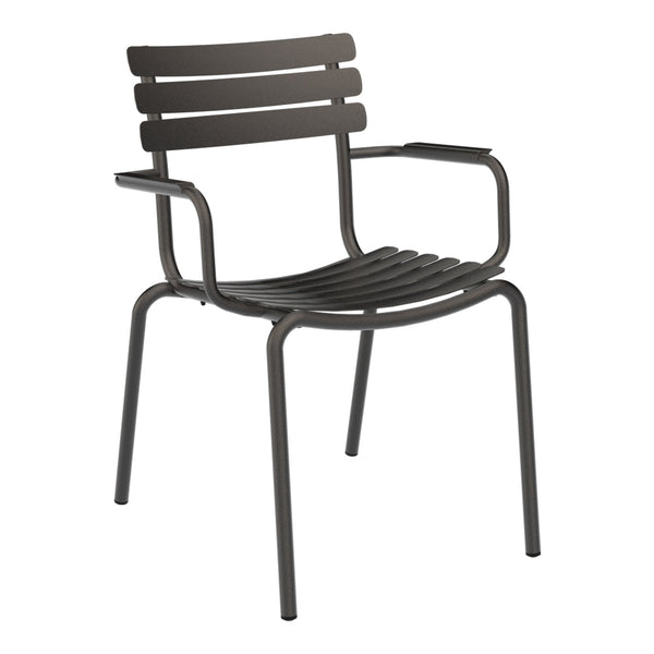 Black slatted metal chair with sleek, minimalist design. Modern style fits any indoor or outdoor setting.
