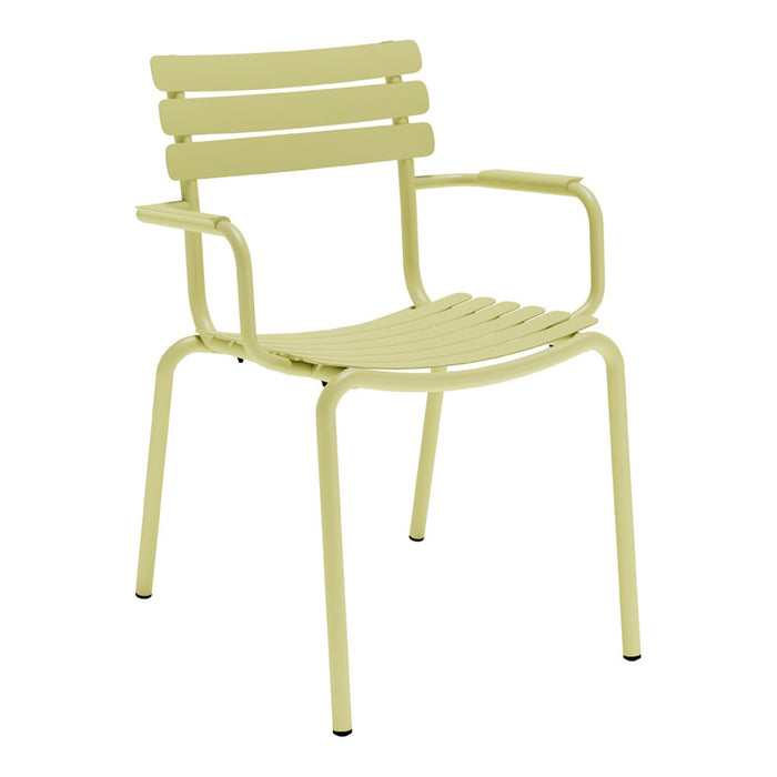 Light green metal chair with slatted back and seat, perfect for modern outdoor spaces.