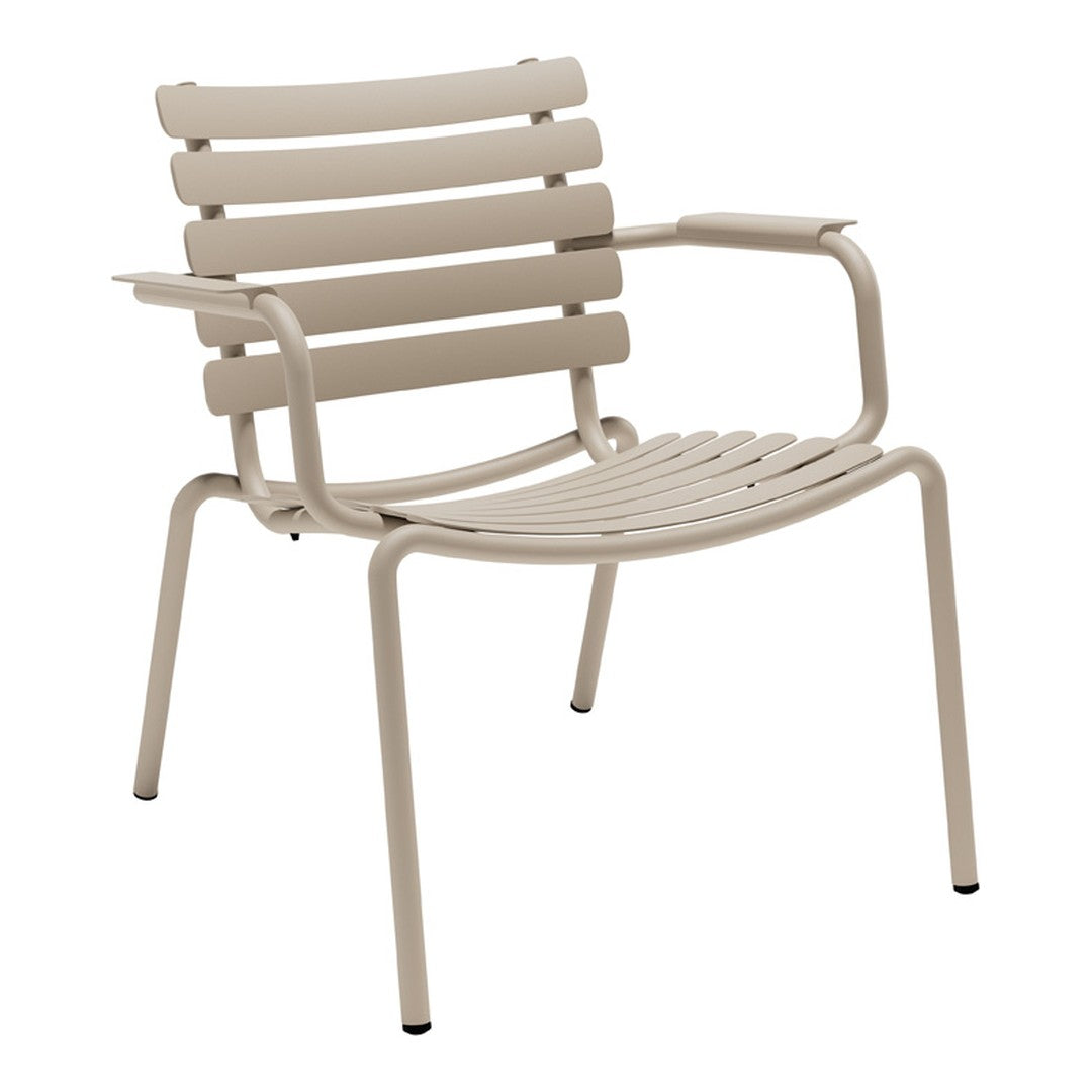 Beige outdoor chair with horizontal slat design and minimalist style, perfect for modern decor.