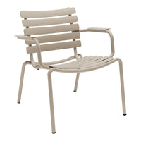 Beige outdoor chair with horizontal slat design and minimalist style, perfect for modern decor.