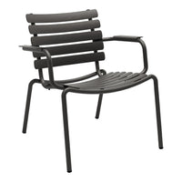 Black metal chair with sleek slatted design and curved arms, perfect for modern outdoor or indoor settings.