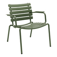 Green slatted chair with a sleek contemporary design, featuring a uniform matte finish and minimalistic pattern.