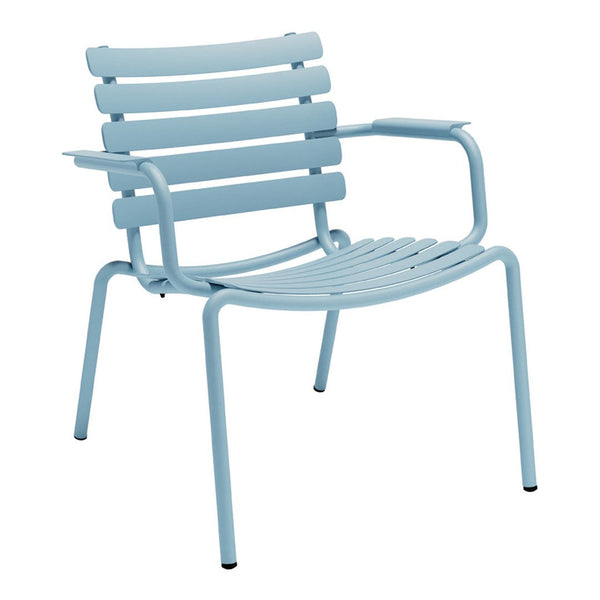 Light blue striped metal chair with a modern design, perfect for outdoor or indoor use.