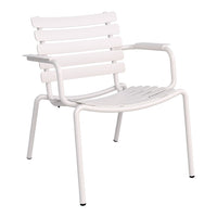 White slatted lounge chair with a sleek, minimalist design and sturdy metal frame. Perfect for modern outdoor spaces.